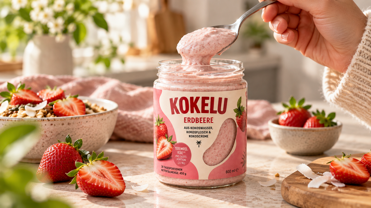 Dicke cremige KOKELU Erdbeercreme auf einem Löffel