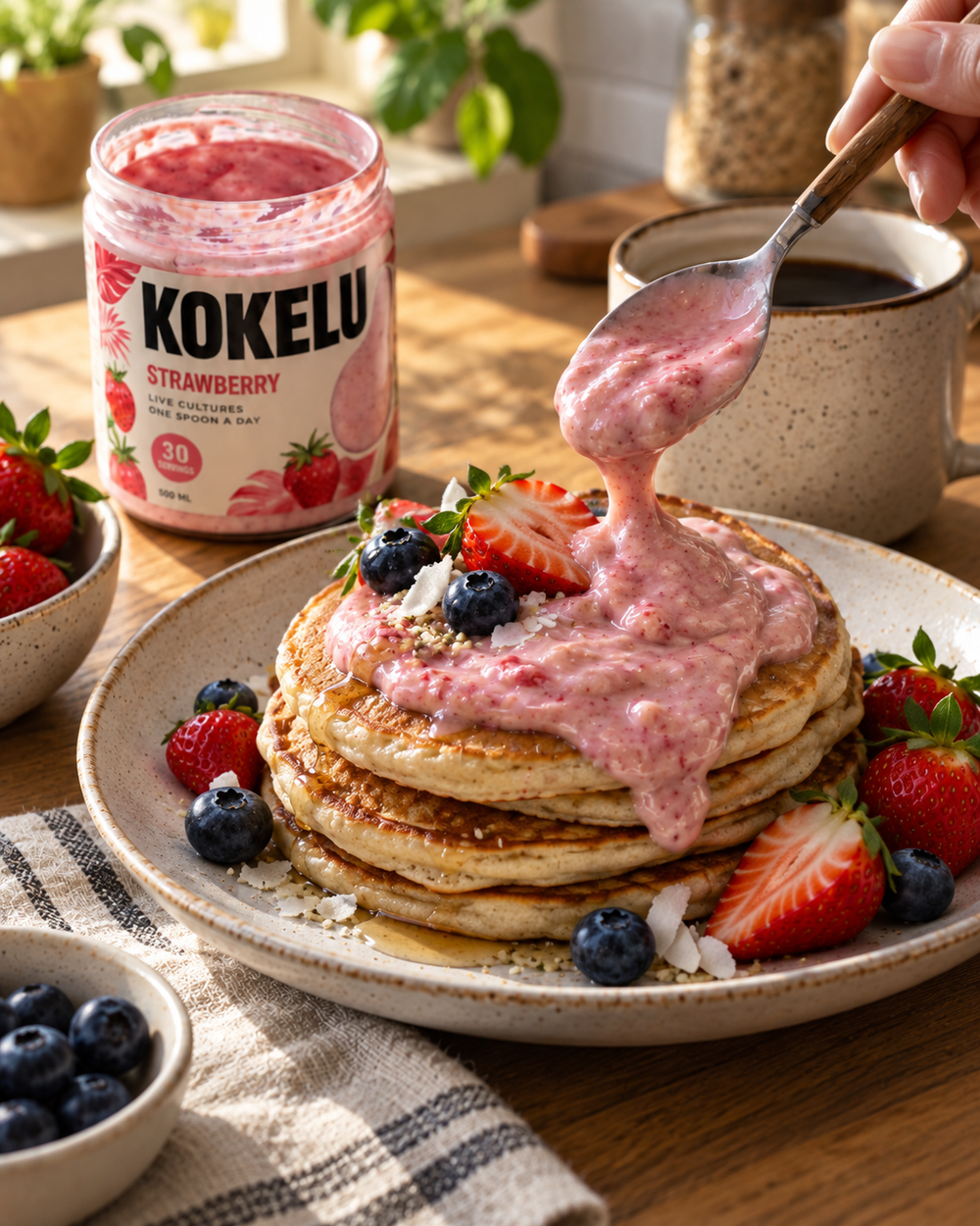 KOKELU Erdbeere als cremiges Topping für Pancakes
